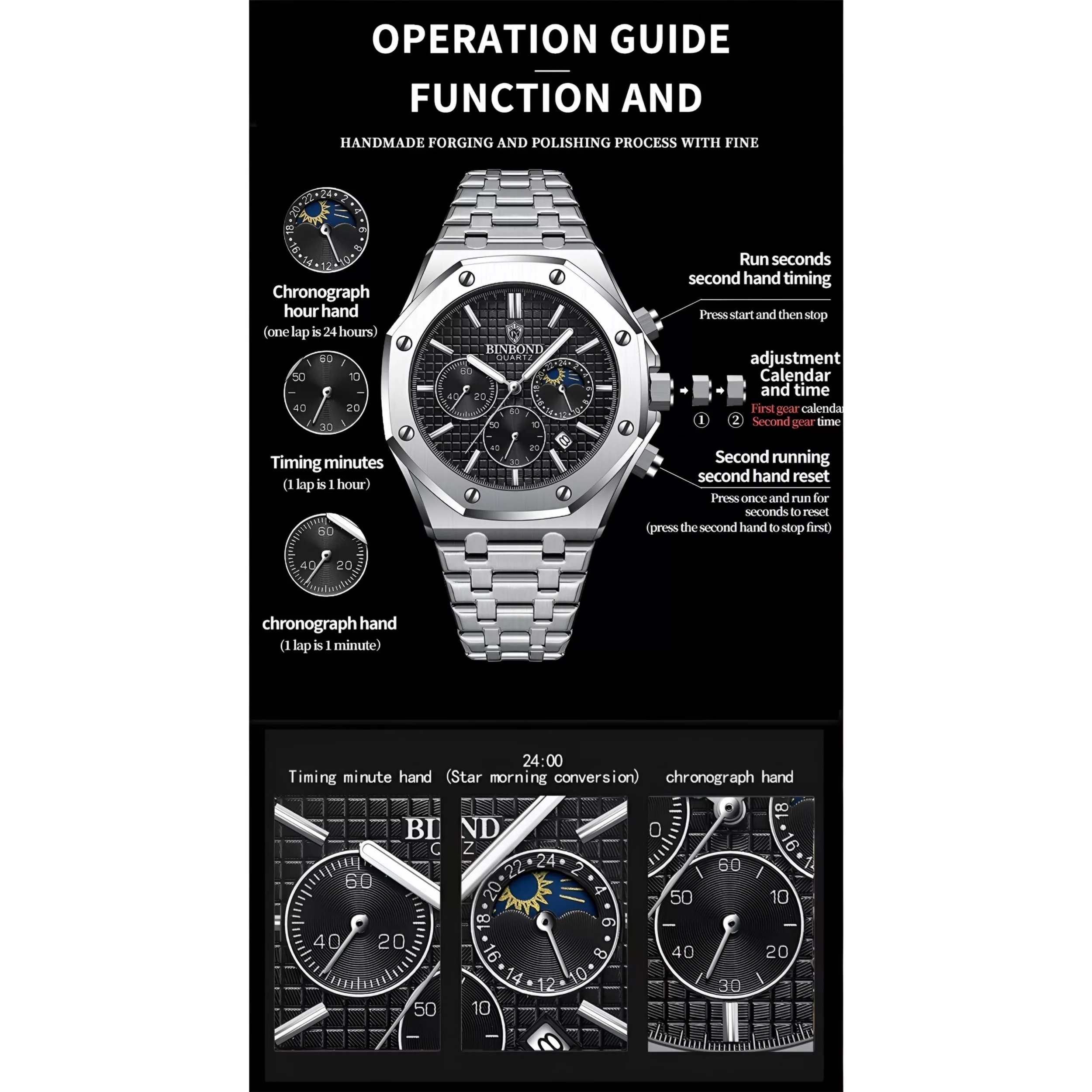 ساعت مچی عقربه‌ای کوارتز مردانه بین باند مدل کلاسیک سه موتور فعال کرنوگراف بند استیل کد 1