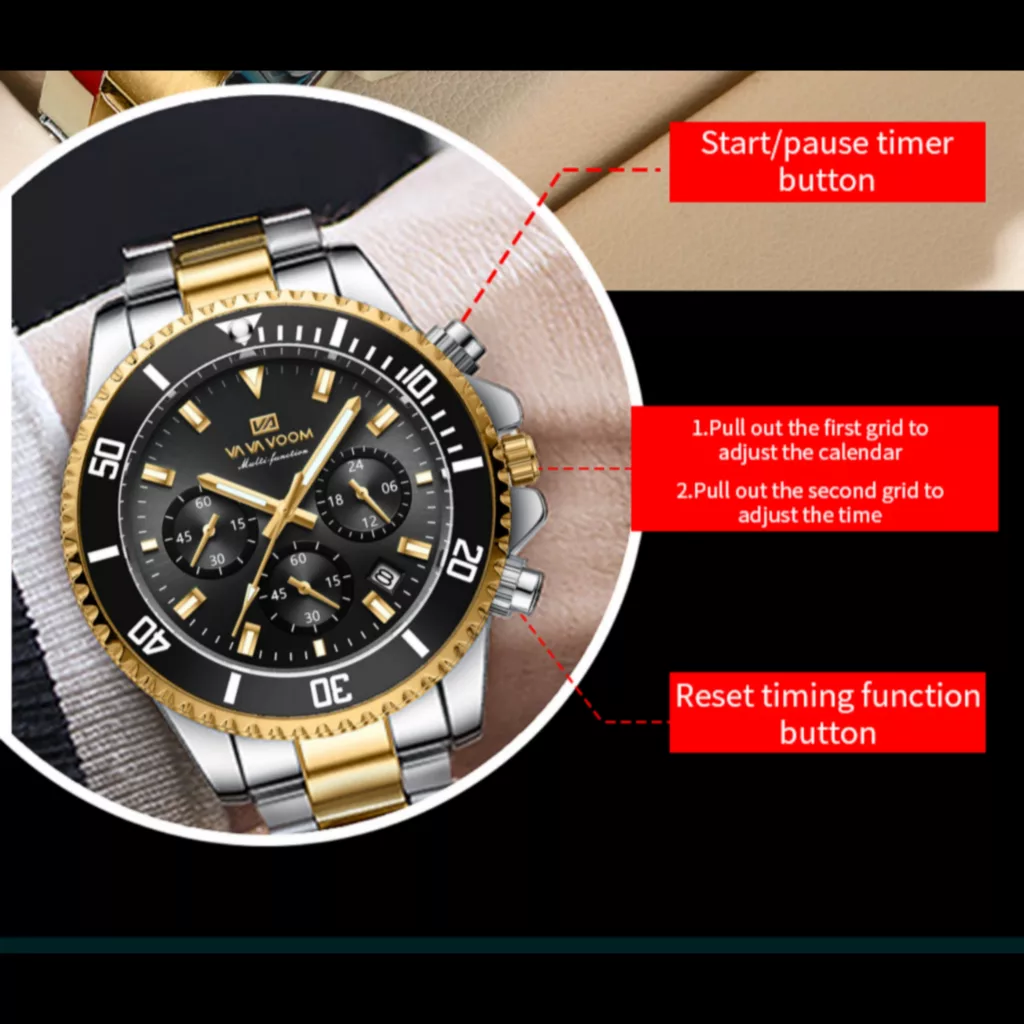 ساعت مچی عقربه‌ای کوارتز مردانه وا وا ووم مدل کلاسیک لوکس سه موتور فعال کرنوگراف بند استیل کد JV1