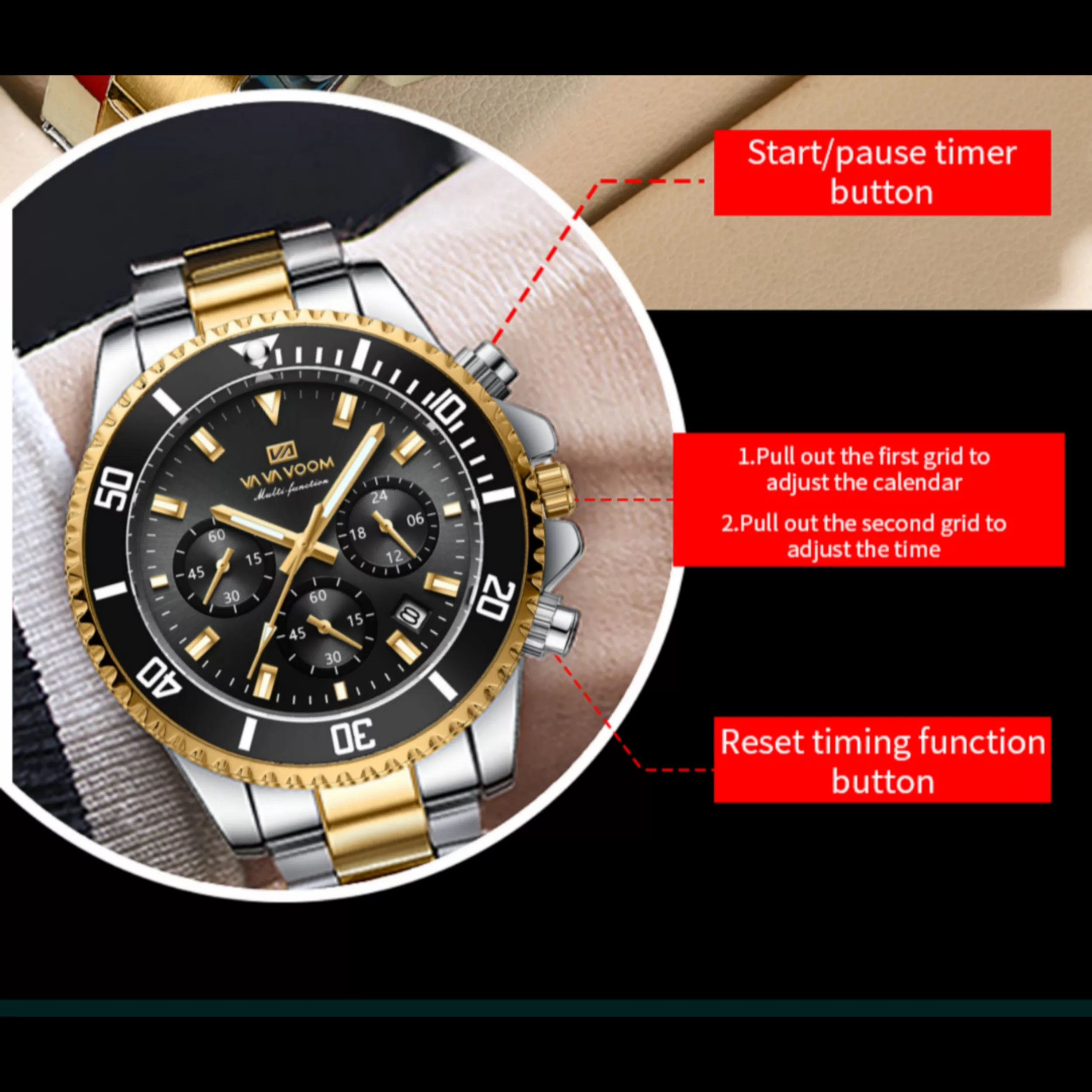 ساعت مچی عقربه‌ای کوارتز مردانه وا وا ووم مدل کلاسیک لوکس سه موتور فعال کرنوگراف بند استیل کد JV1