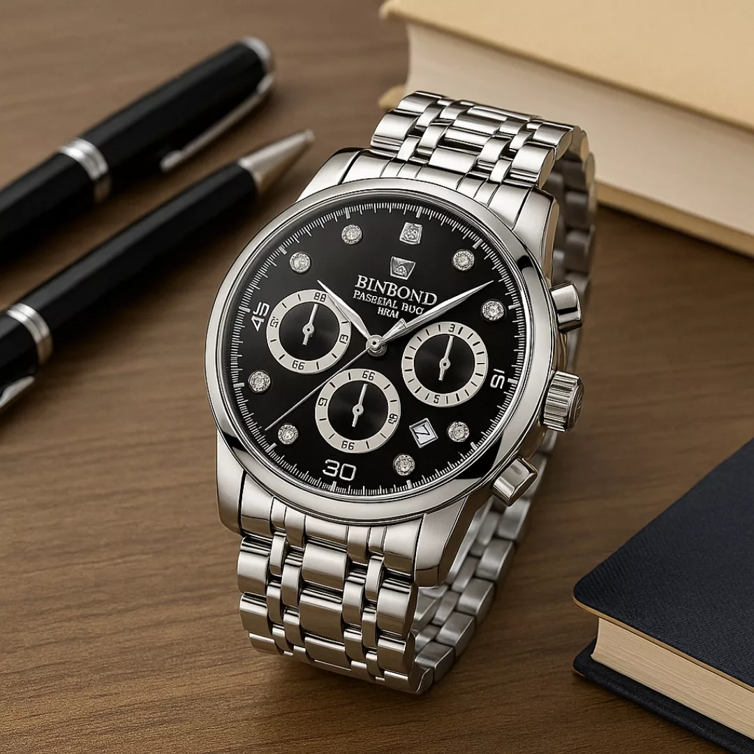 ساعت مچی عقربه‌ای کوارتز مردانه بین باند مدل اسپرت سه موتور فعال کرنوگراف بند استیل قفل مخفی کد B7