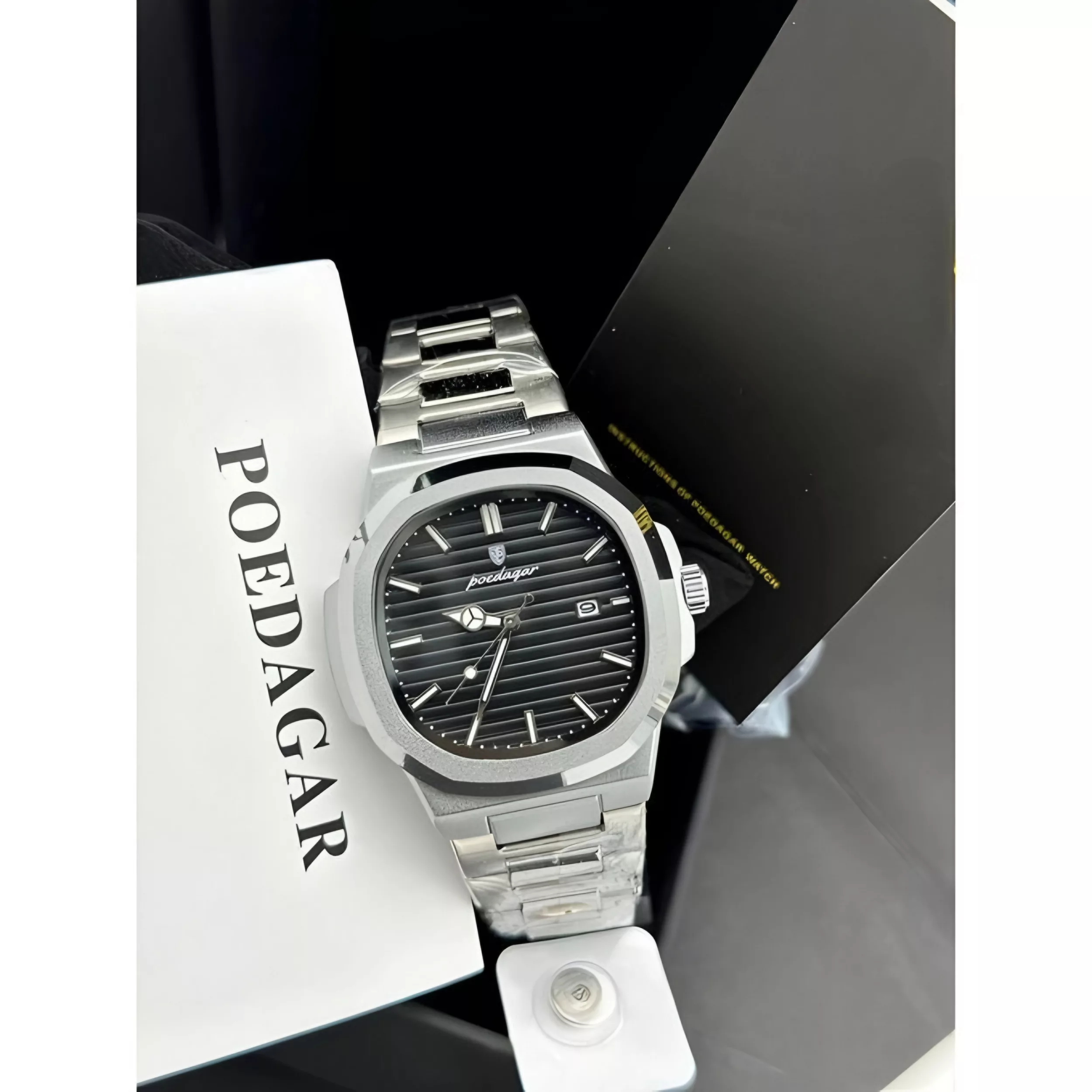 ساعت مچی عقربه‌ای کوارتز مردانه پوداگار مدل ناتیلوس اسپرت تک موتوره بند استیل دیت جاست قفل مخفی کد P4