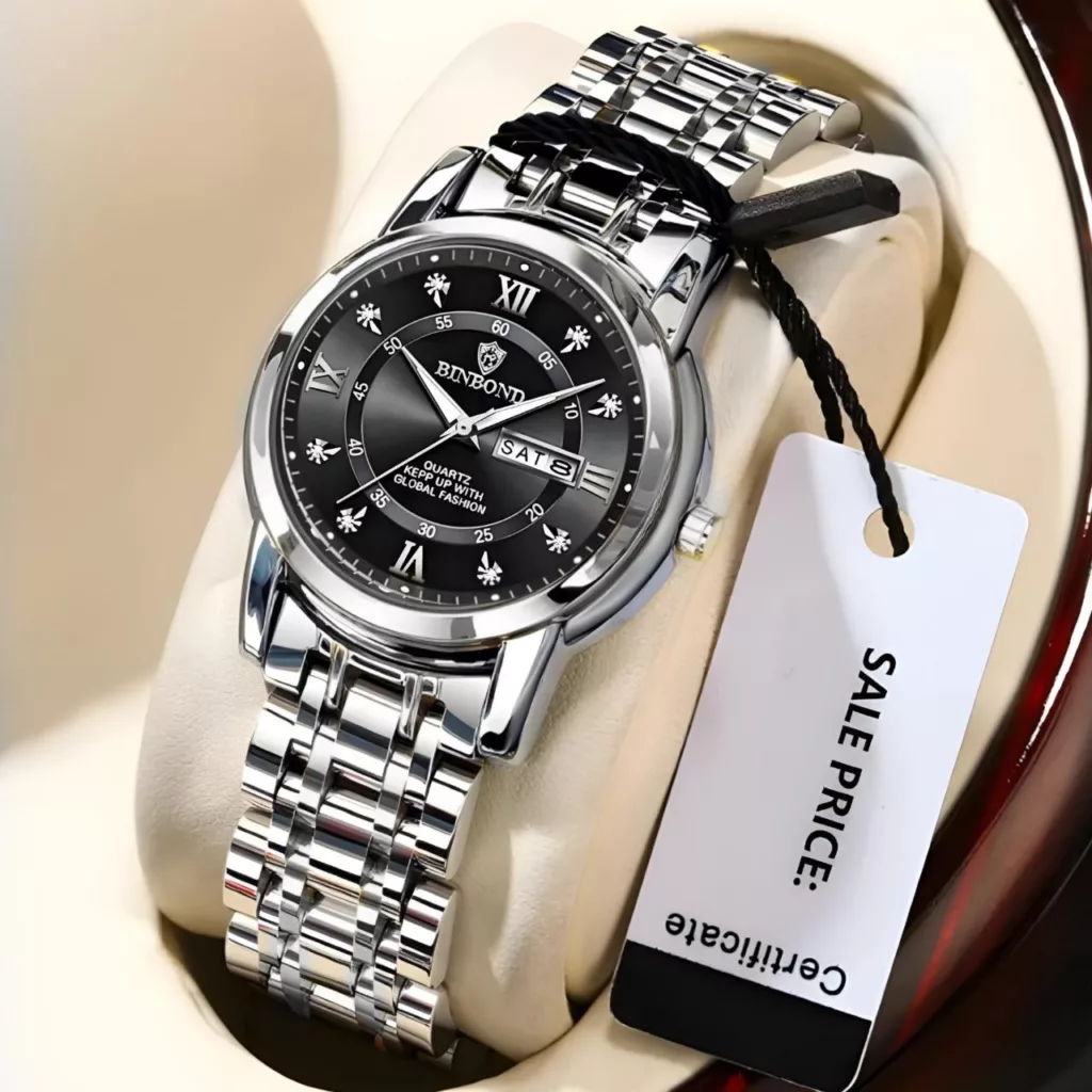 ساعت مچی عقربهای کوارتز مردانه بین باند مدل ریز بافت نگینی کد 003