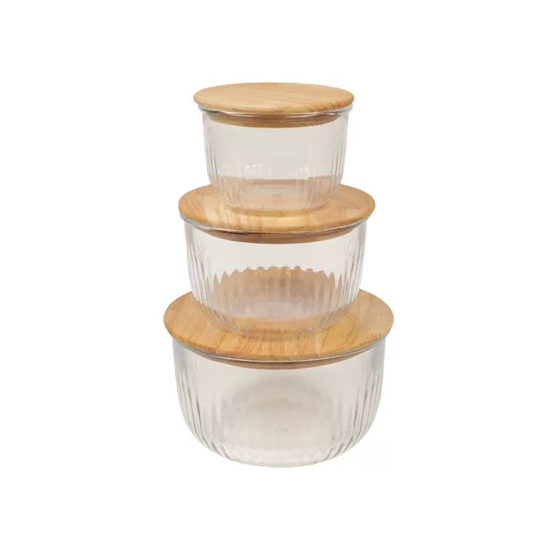 ظرف نگهدارنده لیمون مدل گرد شیاردار درب چوبی 2212 مجموعه 3 عددی