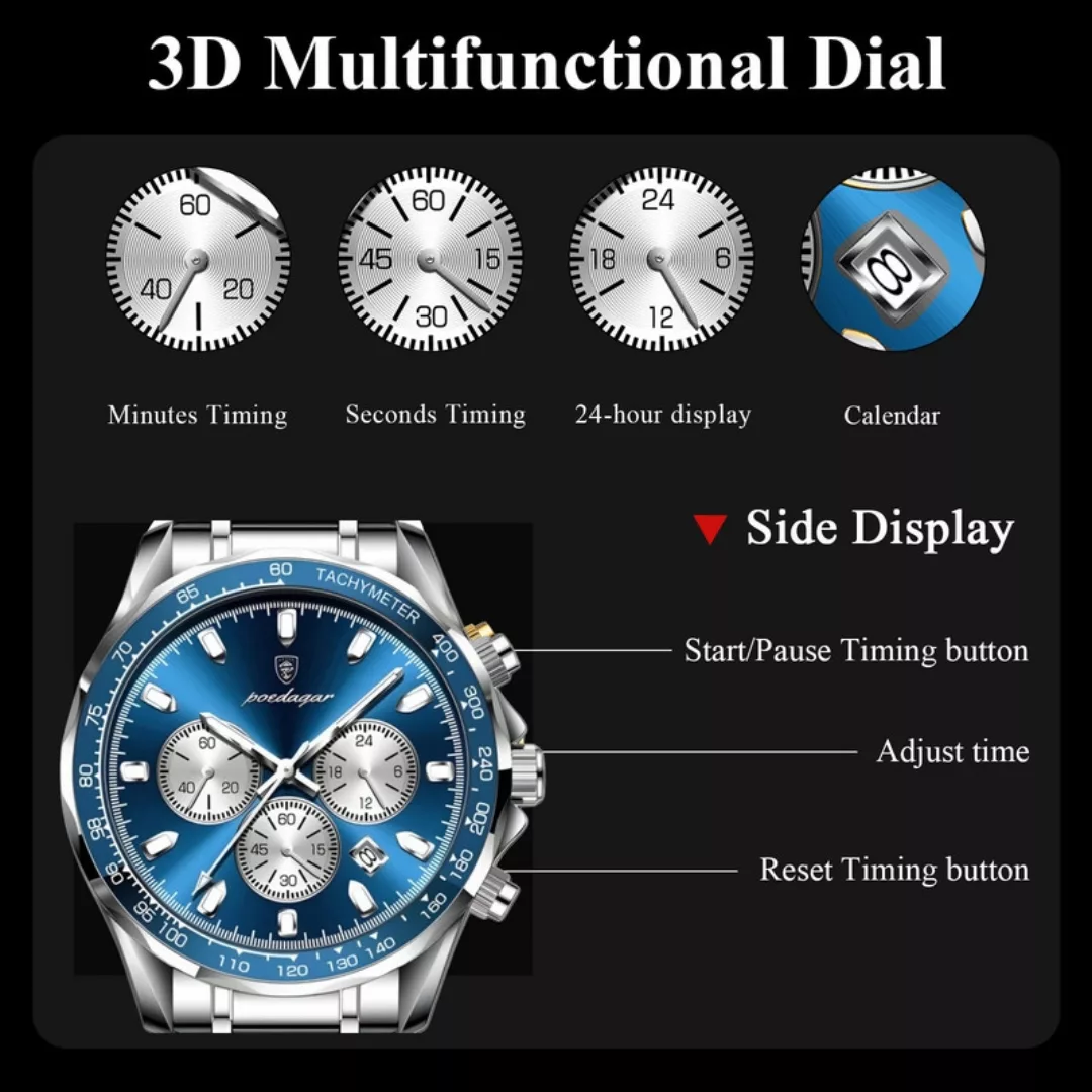 ساعت مچی عقربه‌ای کوارتز مردانه پوداگار مدل اسپرت سه موتور فعال کرنوگراف بند استیل الماسی کد ۳