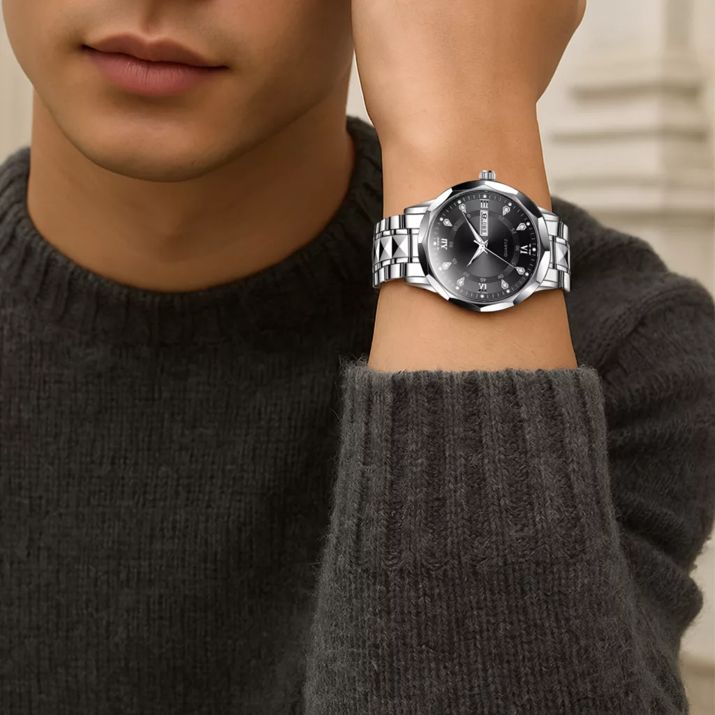 ساعت مچی عقربه‌ای کوارتز مردانه مدل کلاسیک دی دیت بند استیل طرح تراش الماسی کد C2.2