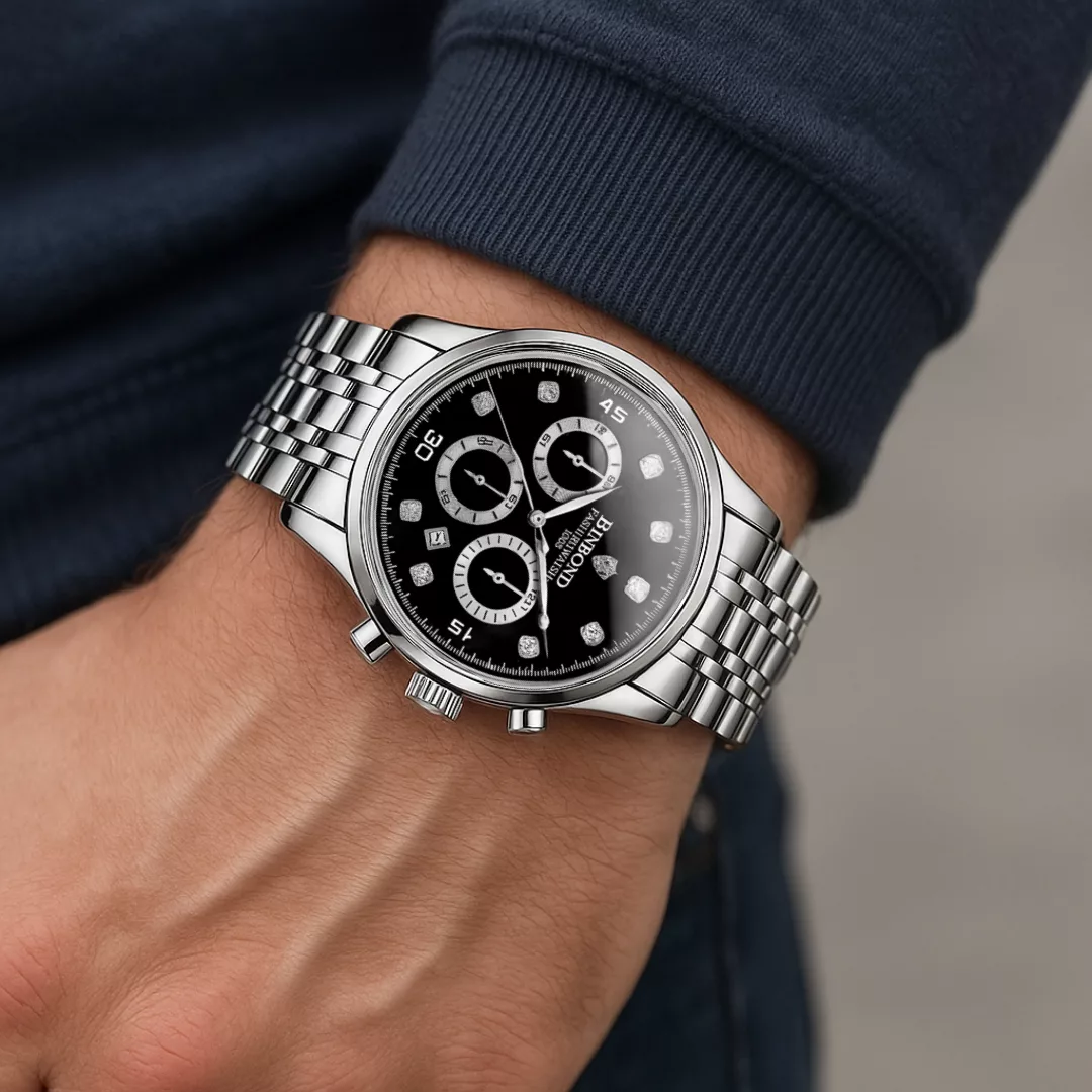 ساعت مچی عقربه‌ای کوارتز مردانه بین باند مدل اسپرت سه موتور فعال کرنوگراف بند استیل قفل مخفی کد B7