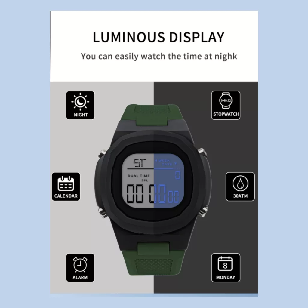 ساعت مچی دیجیتال مدل کوارتز تک زمانه کرنومتر دار بند پیو ضد آب کد ۱.۳