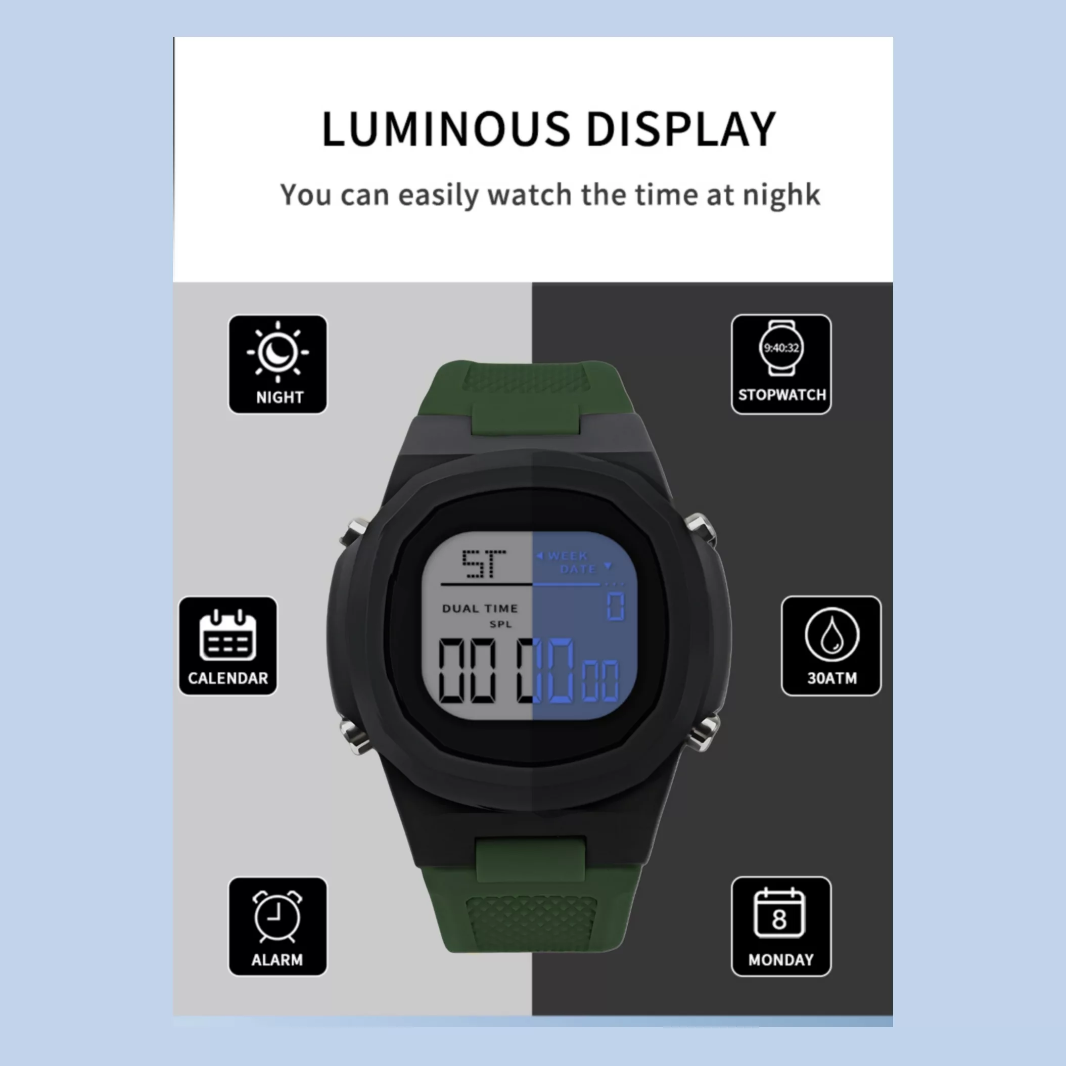 ساعت مچی دیجیتال مدل کوارتز تک زمانه کرنومتر دار بند پیو ضد آب کد ۱.۳