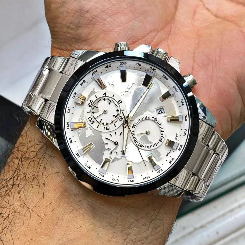 ساعت مچی عقربه‌ای کوارتز مردانه مدل سه موتور فعال کورنوگراف جهان نما کد 101