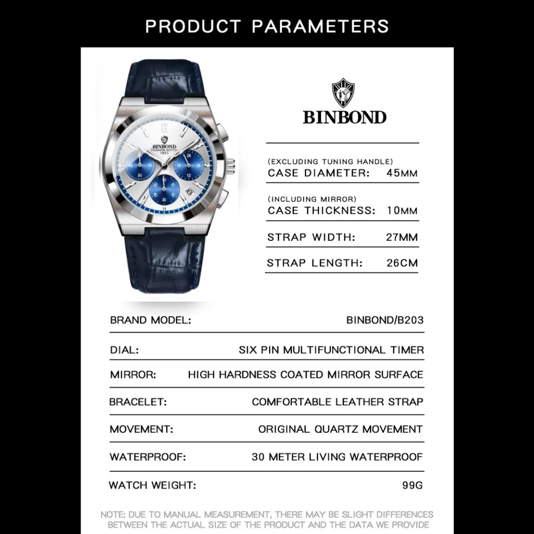 ساعت مچی عقربهای کوارتز مردانه بین باند مدل اسپرت لوکس سه موتور فعال کرنوگراف بند چرم کد J2