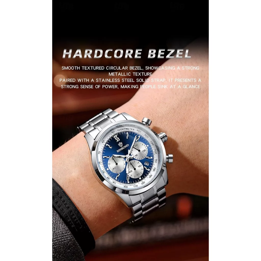 ساعت مچی عقربه‌ای کوارتز مردانه بین باند مدل اسپرت سه موتور فعال کرنوگراف بند استیل کد ۱