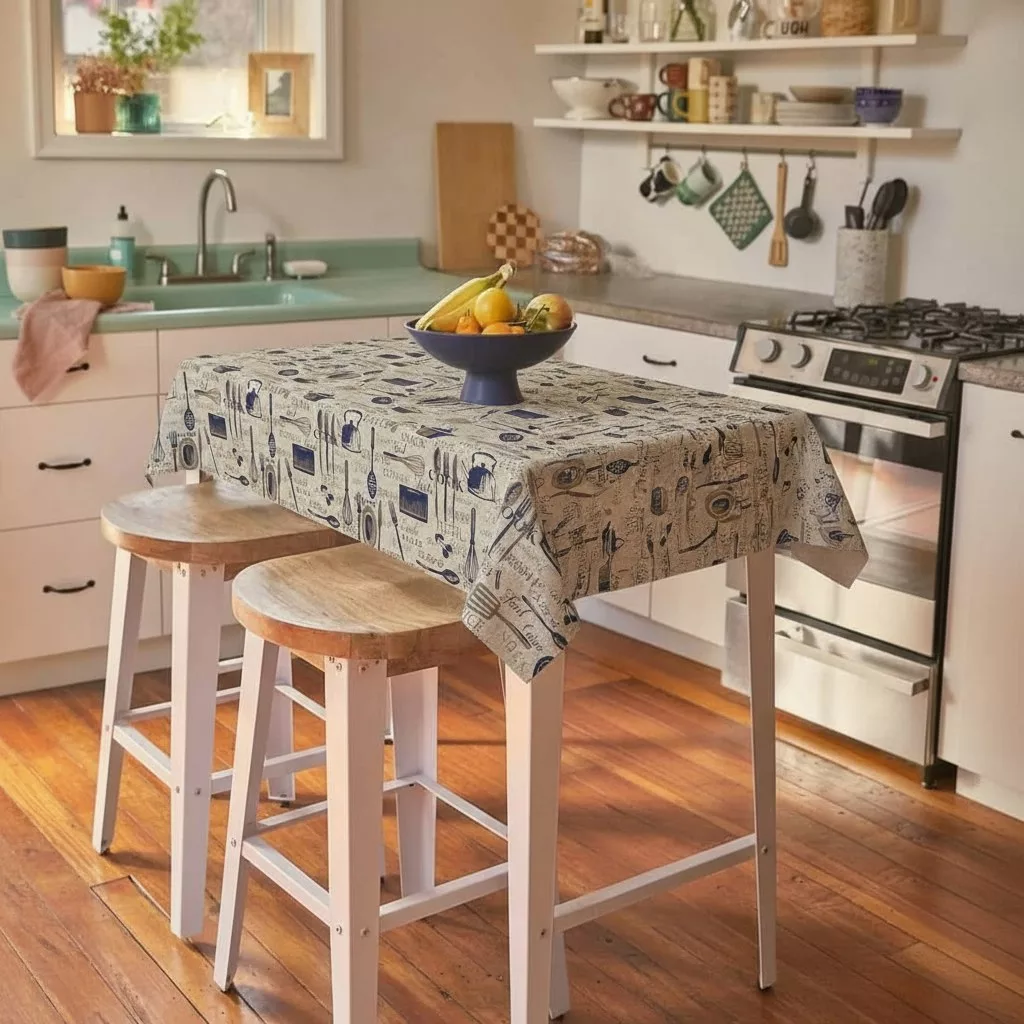 سفره 4 نفره مدل پی وی سی طرح کارد و چنگال سایز 100×100 سانتی متر