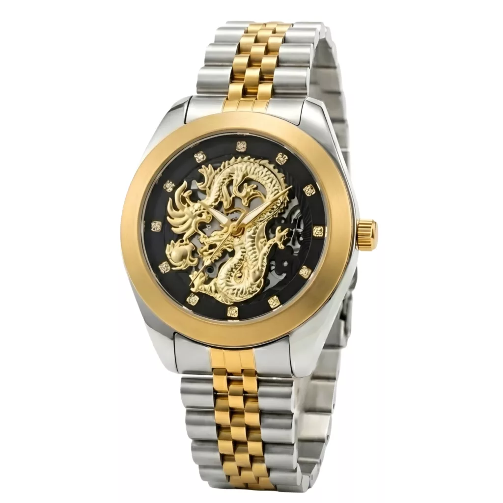 ساعت مچی عقربه‌ای اتوماتیک مردانه مدل لوکس طرح دراگون بند استیل قفل مخفی کد D3