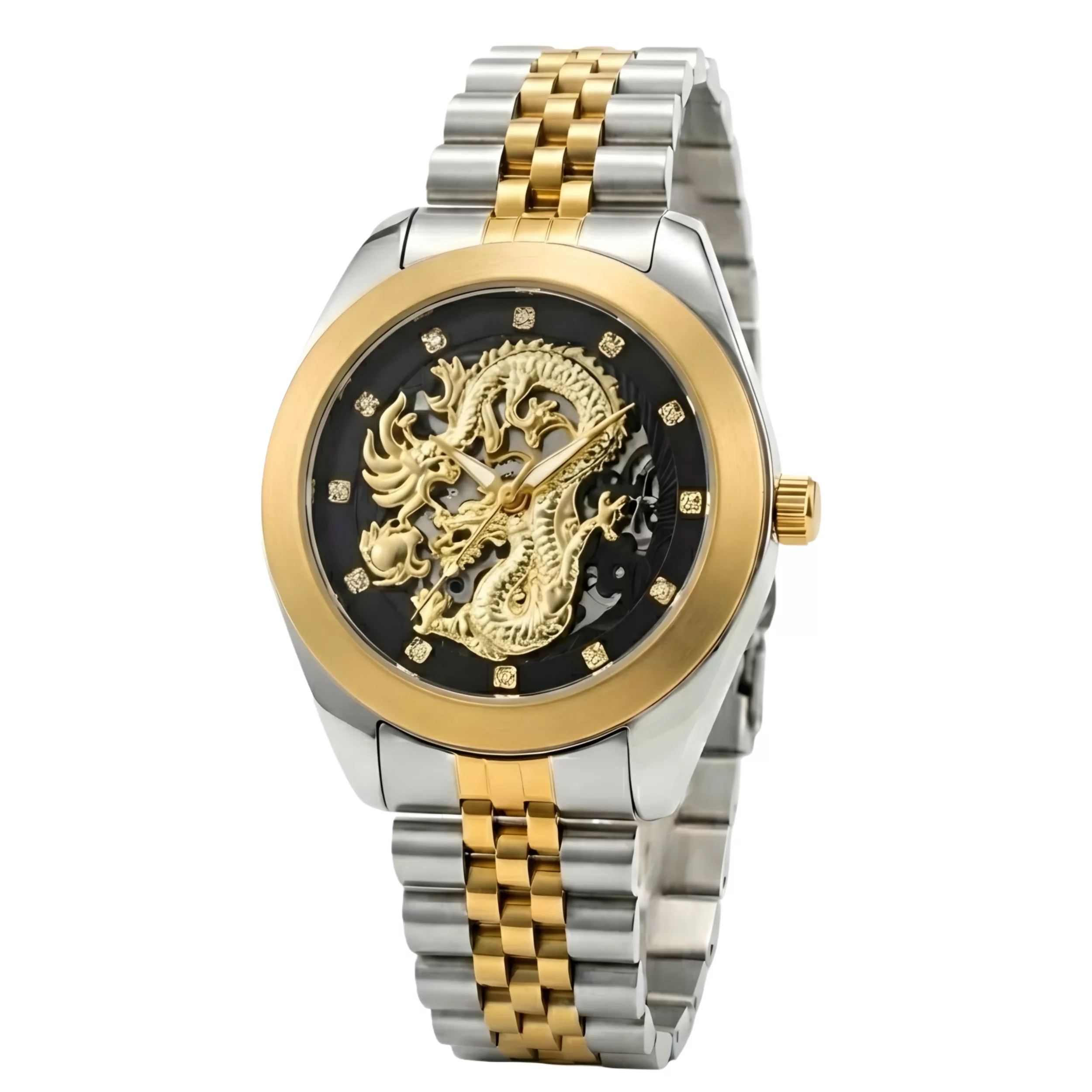 ساعت مچی عقربه‌ای اتوماتیک مردانه مدل لوکس طرح دراگون بند استیل قفل مخفی کد D3