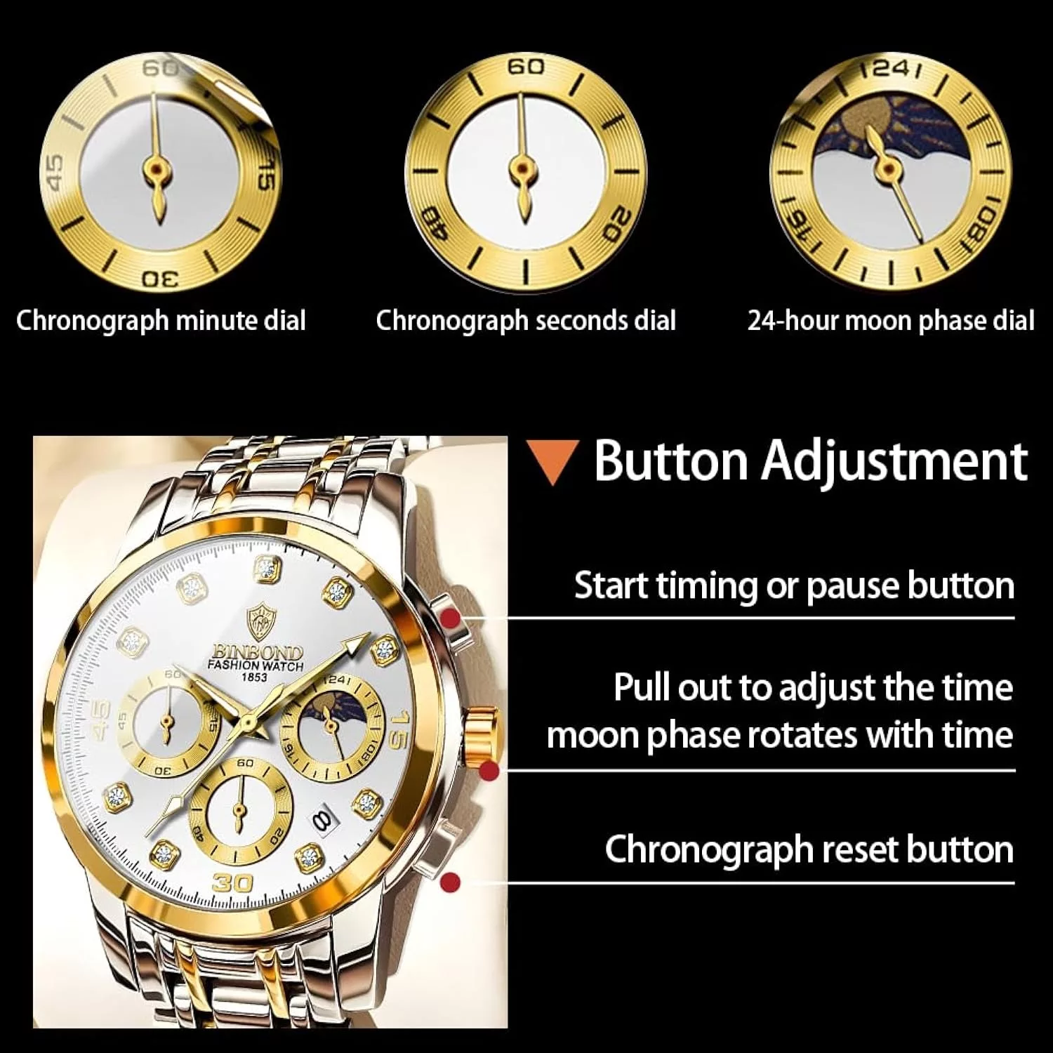 ساعت مچی عقربه‌ای کوارتز مردانه بین باند مدل اسپرت سه موتور فعال کرنوگراف بند استیل قفل مخفی کد ۵