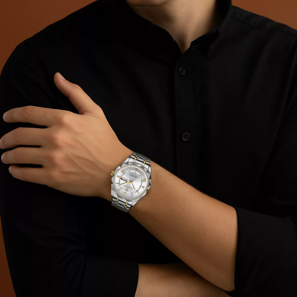 ساعت مچی عقربه‌ای کوارتز مردانه پوداگار مدل کلاسیک دی دیت بند استیل طرح تراش الماسی کد P7