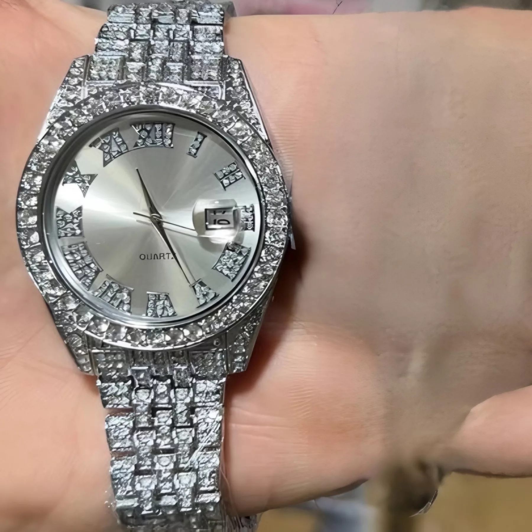 ساعت مچی عقربه‌ای مردانه مدل دور نگین بند فول نگین کد 5