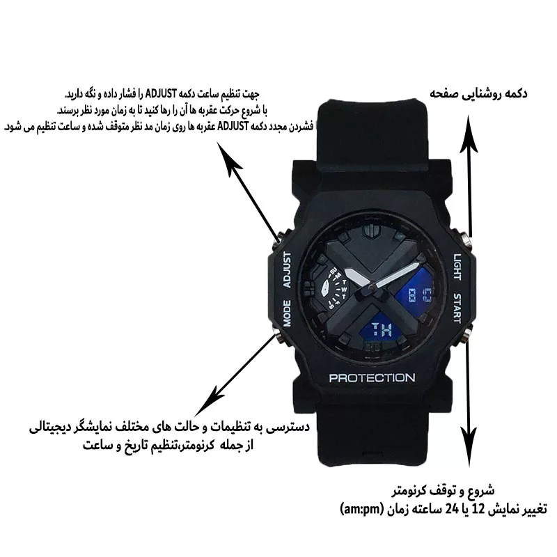 ساعت مچی عقربهای کوارتز مردانه مدل ایکس دو زمانه کرنومتر دار موتور برقی کد GA2300