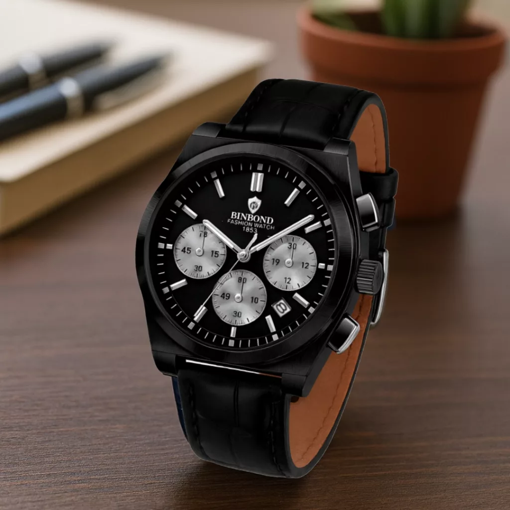 ساعت مچی عقربهای کوارتز مردانه بین باند مدل اسپرت لوکس سه موتور فعال کرنوگراف بند چرم کد J4