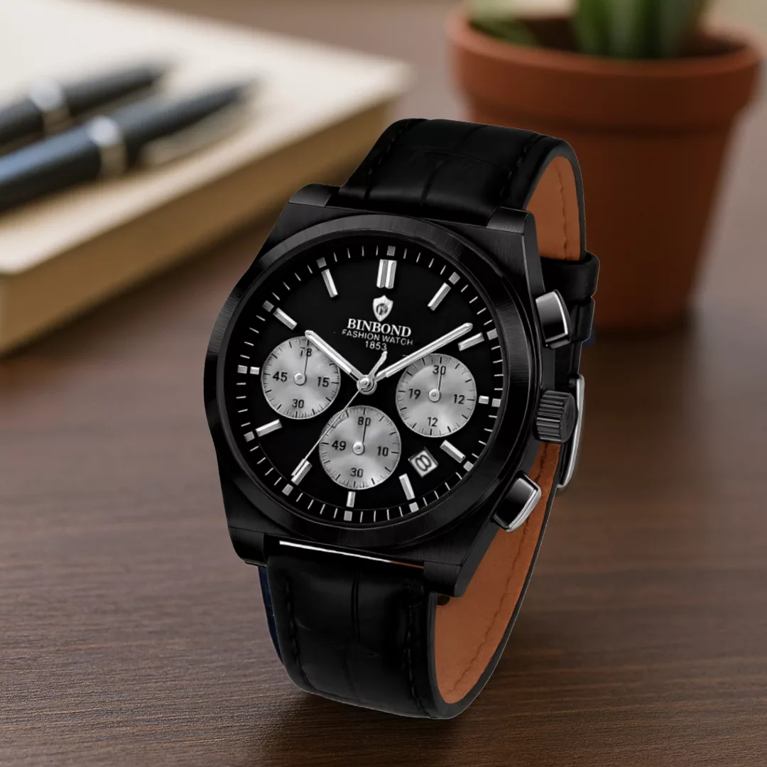 ساعت مچی عقربهای کوارتز مردانه بین باند مدل اسپرت لوکس سه موتور فعال کرنوگراف بند چرم کد J4