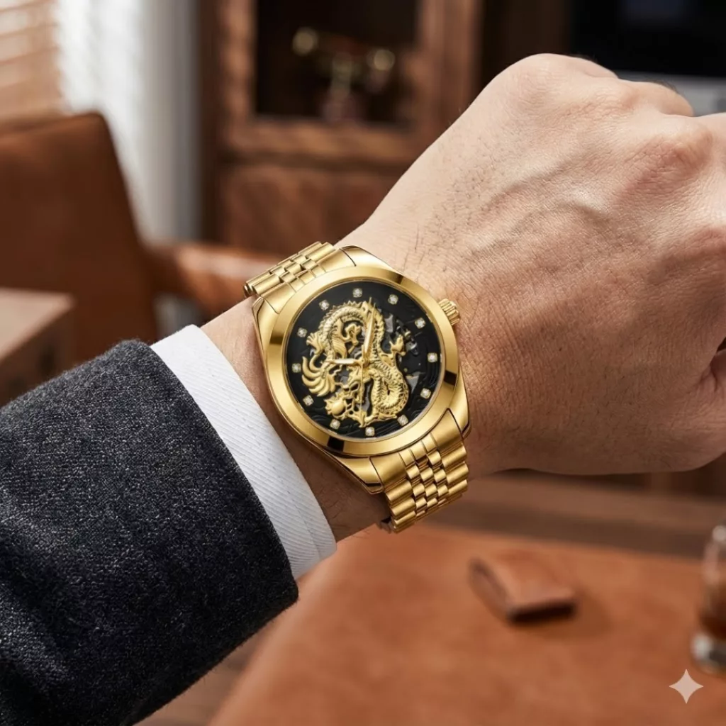 ساعت مچی عقربه‌ای اتوماتیک مردانه مدل لوکس طرح دراگون بند استیل قفل مخفی کد D2