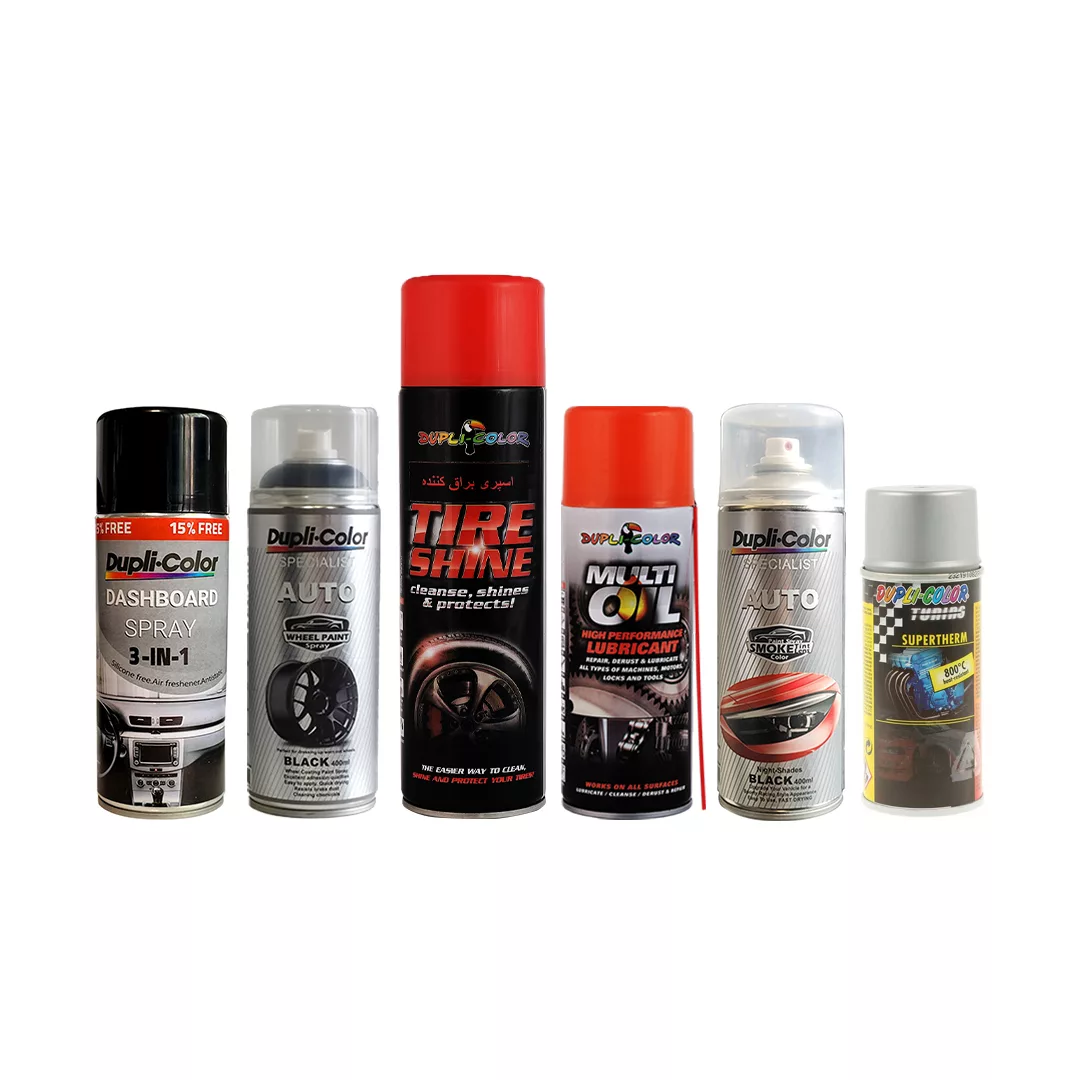 اسپری نسوز نقره ای و اسپری شیشه دودی و اسپری روان کننده و اسپری براق کننده و اسپری رینگ مشکی و اسپری پولیش داشبورد دوپلی کالر مدل DUPLI6 حجم 500 میلی لیتر مجموعه 6 عددی