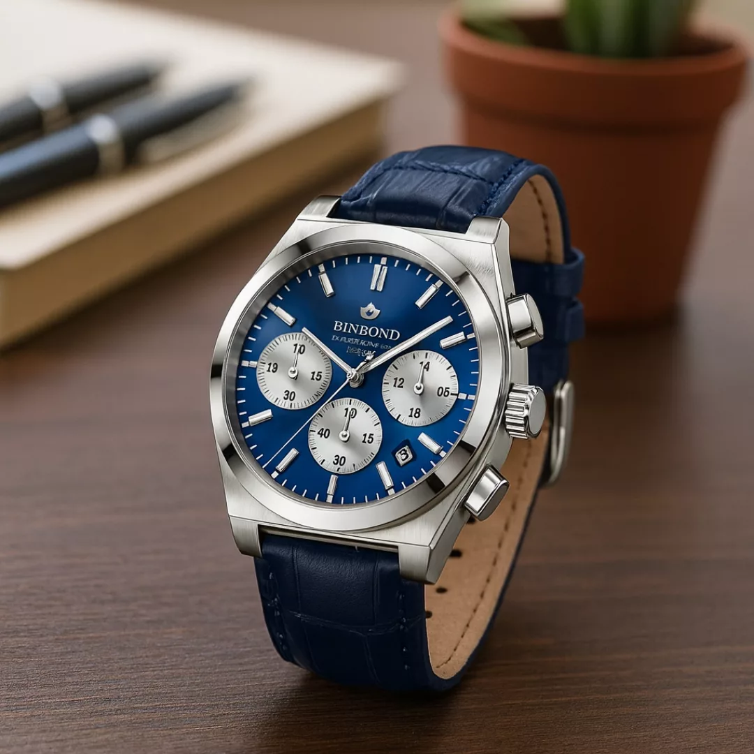 ساعت مچی عقربه‌ای کوارتز مردانه بین باند مدل اسپرت لوکس سه موتور فعال کرنوگراف بند چرم کد J1