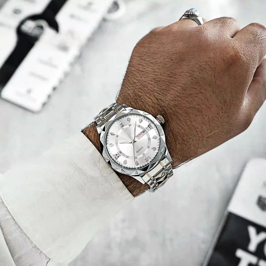 ساعت مچی عقربه‌ای کوارتز مردانه مدل الماسی دو تقویم کد 102