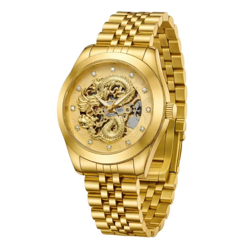 ساعت مچی عقربه‌ای اتوماتیک مردانه مدل لوکس طرح دراگون بند استیل قفل مخفی کد D1