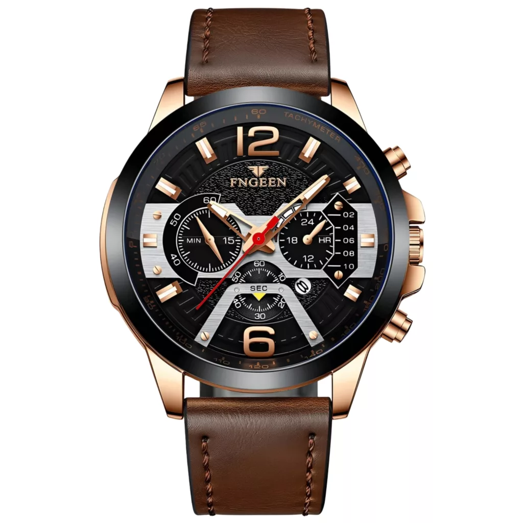 ساعت مچی عقربه‌ای کوارتز مردانه اف ان جین مدل کلاسیک تک موتوره تقویم دار بند چرم کد ۳