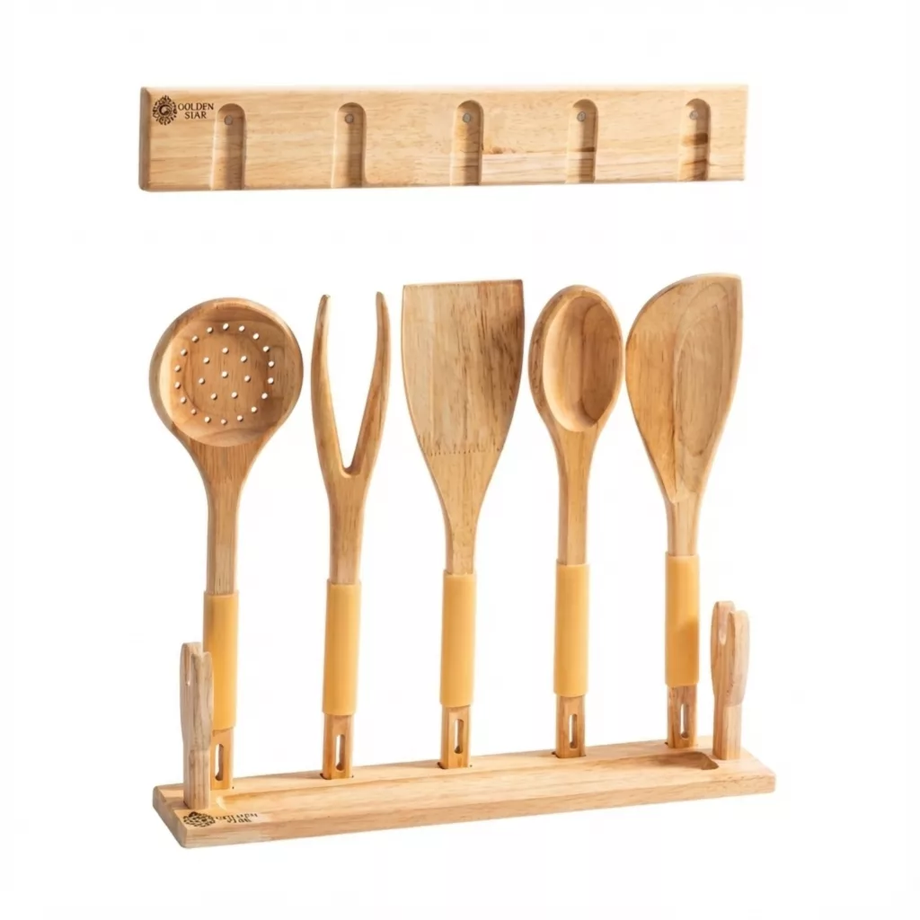 سرویس کفگیر و ملاقه چوبی 7 پارچه گلدن استار مدل مگنتی