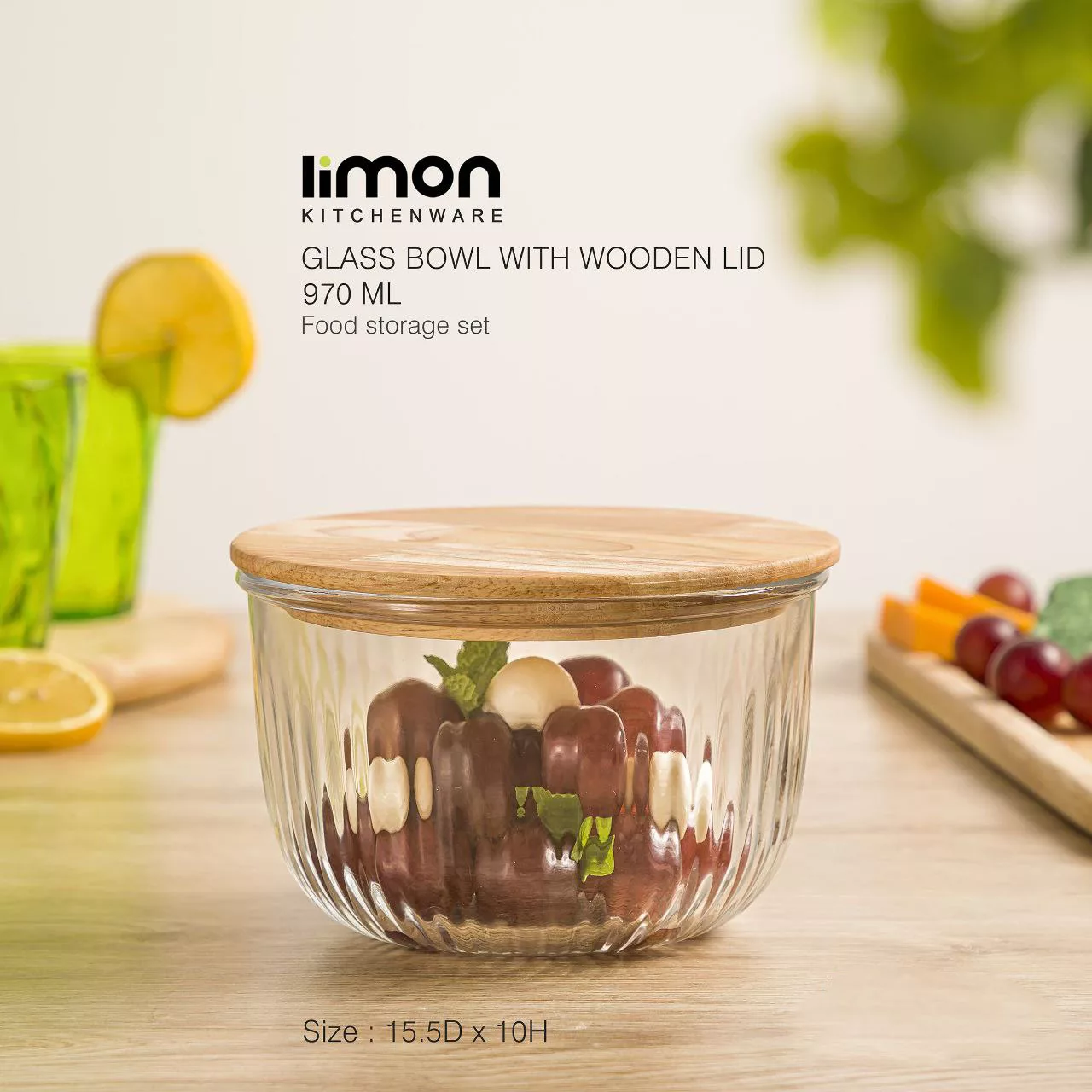 ظرف نگهدارنده لیمون مدل گرد شیاردار درب چوبی 2212 مجموعه 3 عددی