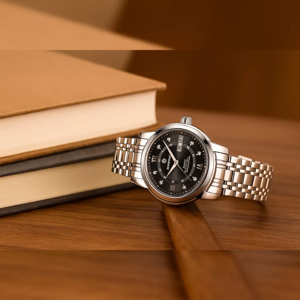 ساعت مچی عقربهای کوارتز مردانه بین باند مدل لوکس کلاسیک دی دیت بند طرح بافت قفل مخفی کد ۴