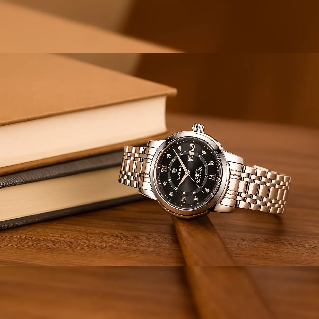 ساعت مچی عقربهای کوارتز مردانه بین باند مدل لوکس کلاسیک دی دیت بند طرح بافت قفل مخفی کد ۴