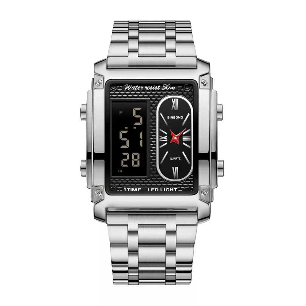 ساعت مچی عقربه‌ای کوارتز مردانه بین باند مدل اسپرت سه زمانه کرنوگراف بند استیل کد ۱.۲