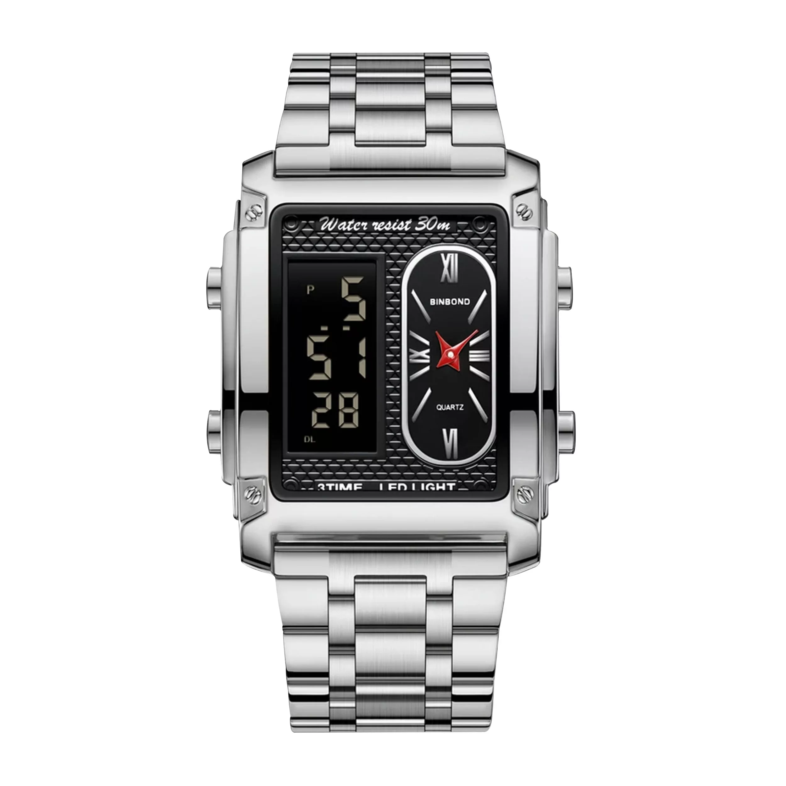 ساعت مچی عقربه‌ای کوارتز مردانه بین باند مدل اسپرت سه زمانه کرنوگراف بند استیل کد ۱.۲