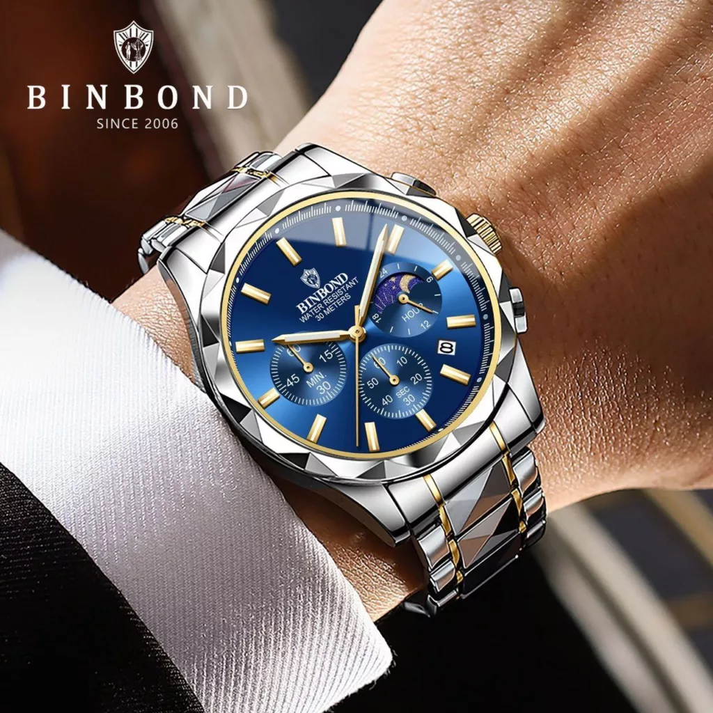 ساعت مچی عقربه‌ای کوارتز مردانه بین باند مدل الماسی کورنوگراف سه موتور فعال کد 106