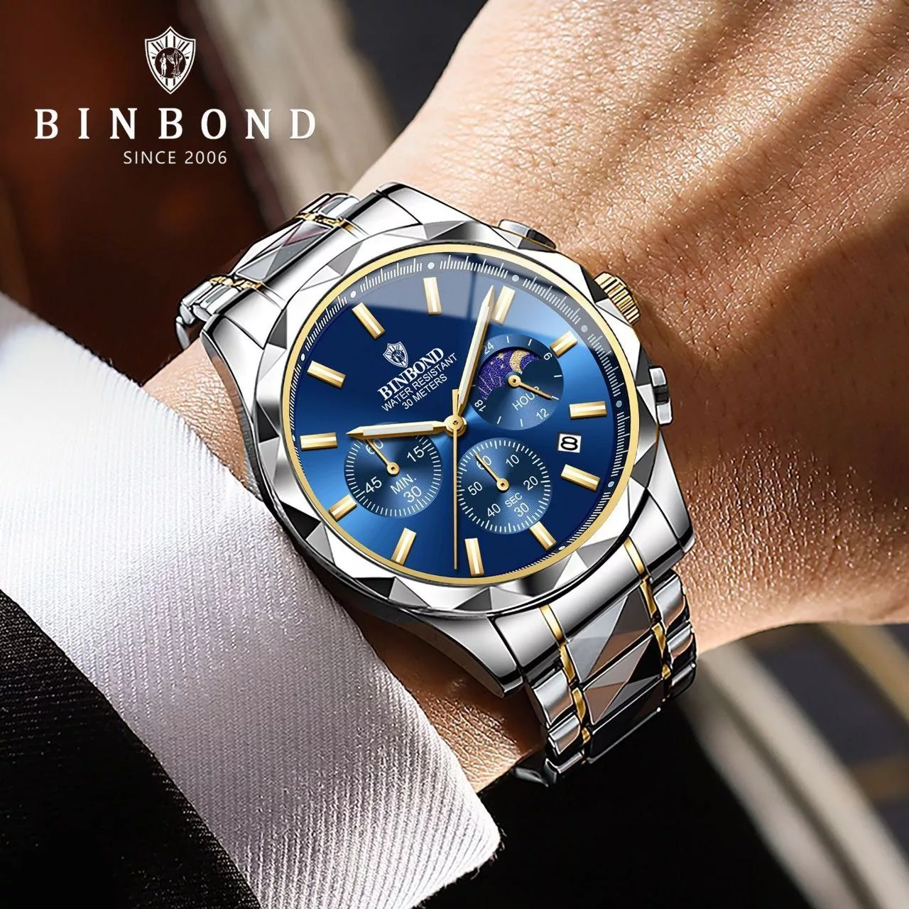 ساعت مچی عقربه‌ای کوارتز مردانه بین باند مدل الماسی کورنوگراف سه موتور فعال کد 106