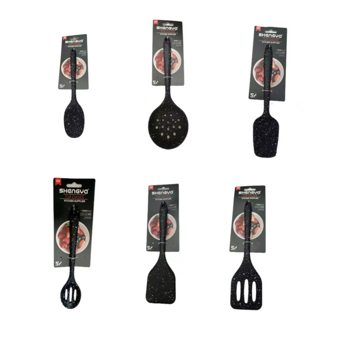 سرویس کفگیر و ملاقه 6 پارچه شنگیا مدل سیلیکونی کهکشانی شیار دار طرح مینیاتوری