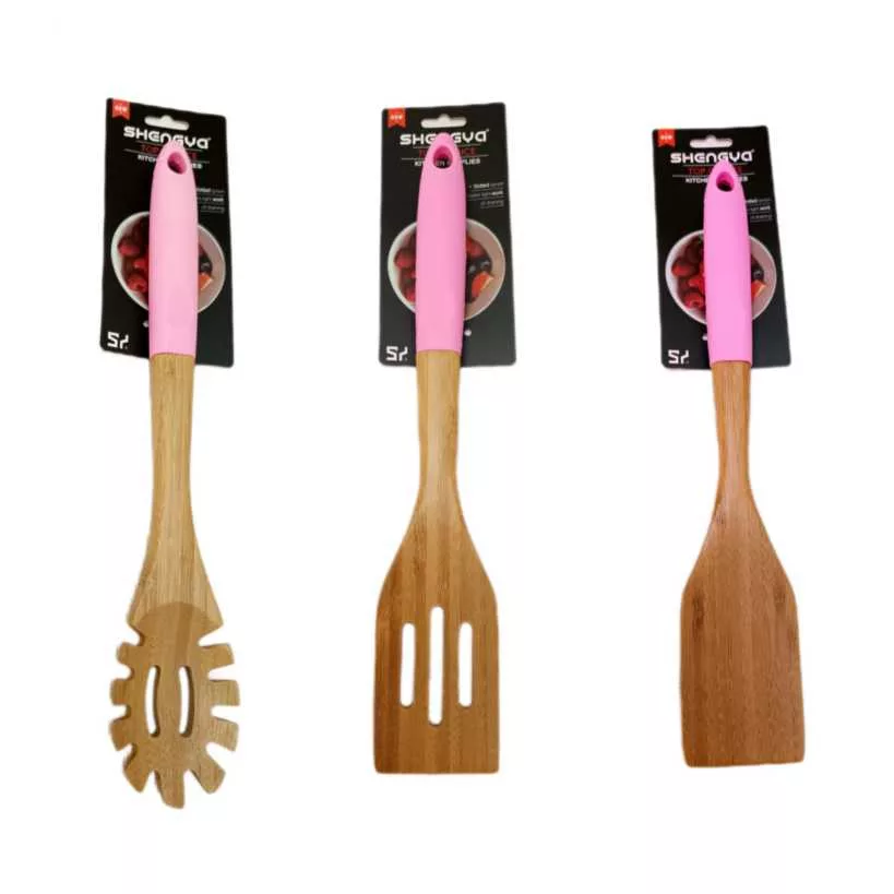 سرویس کفگیر و ملاقه 3 پارچه شنگیا مدل دسته سیلیکون بامبو