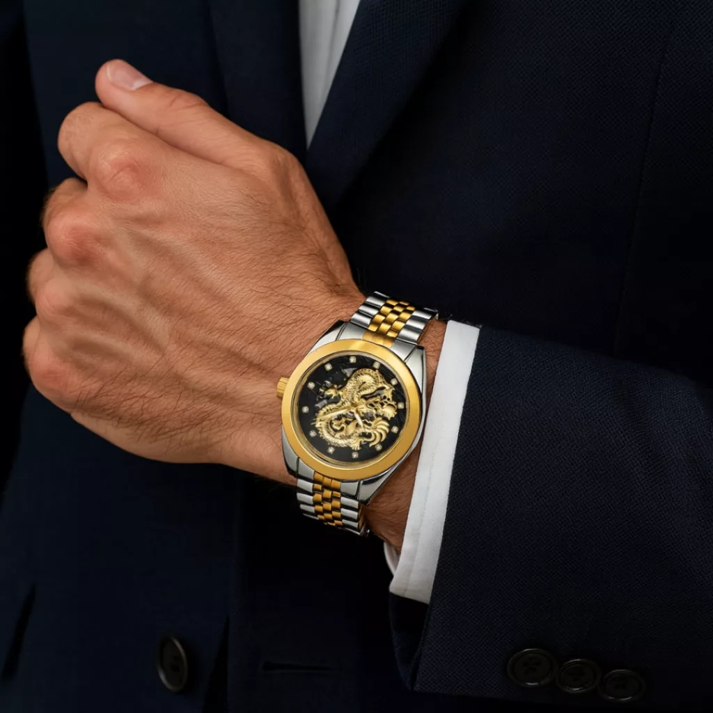 ساعت مچی عقربه‌ای اتوماتیک مردانه مدل لوکس طرح دراگون بند استیل قفل مخفی کد D3