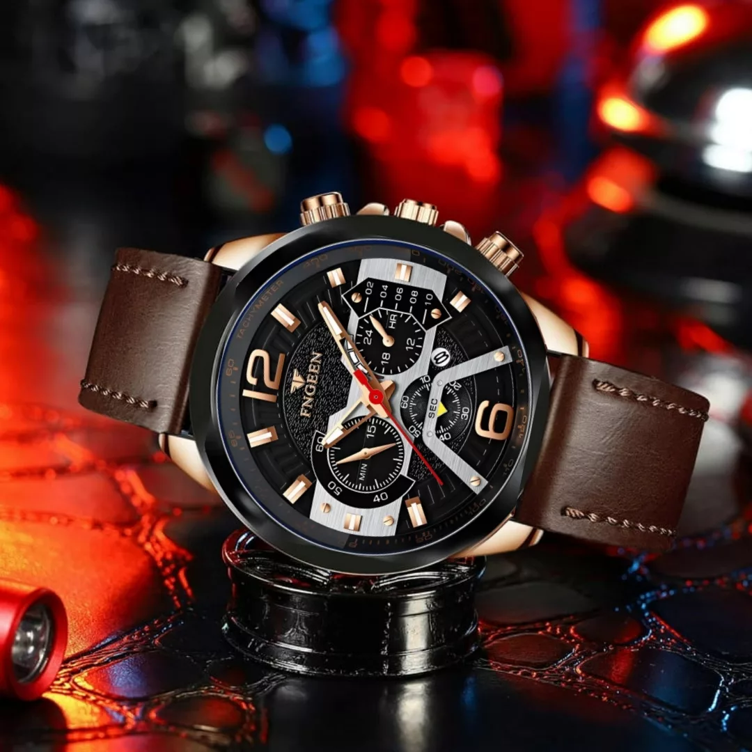 ساعت مچی عقربه‌ای کوارتز مردانه اف ان جین مدل کلاسیک تک موتوره تقویم دار بند چرم کد ۳