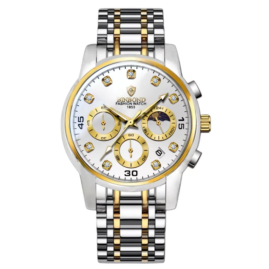 ساعت مچی عقربه‌ای کوارتز مردانه بین باند مدل اسپرت سه موتور فعال کرنوگراف بند استیل قفل مخفی کد ۵