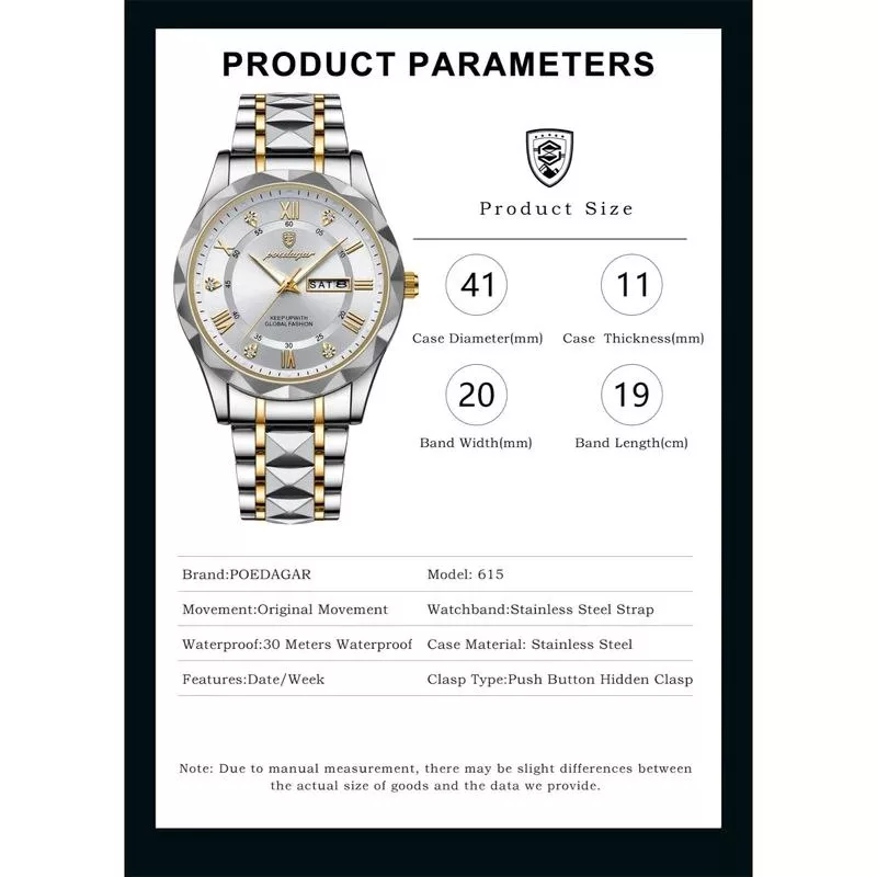 ساعت مچی عقربه‌ای کوارتز مردانه پوداگار مدل الماسی قفل پروانه‌ای ضد آب کد 003