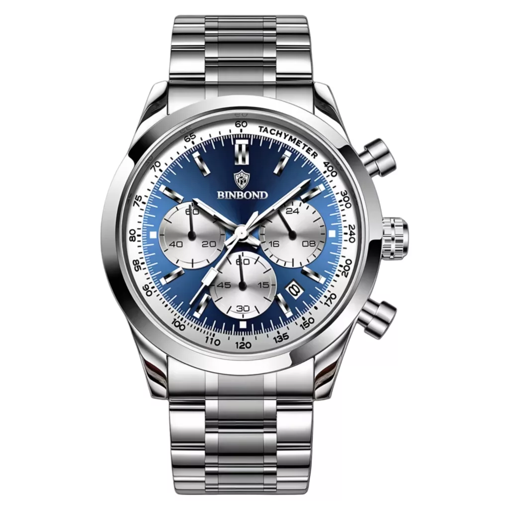 ساعت مچی عقربه‌ای کوارتز مردانه بین باند مدل اسپرت سه موتور فعال کرنوگراف بند استیل کد ۱