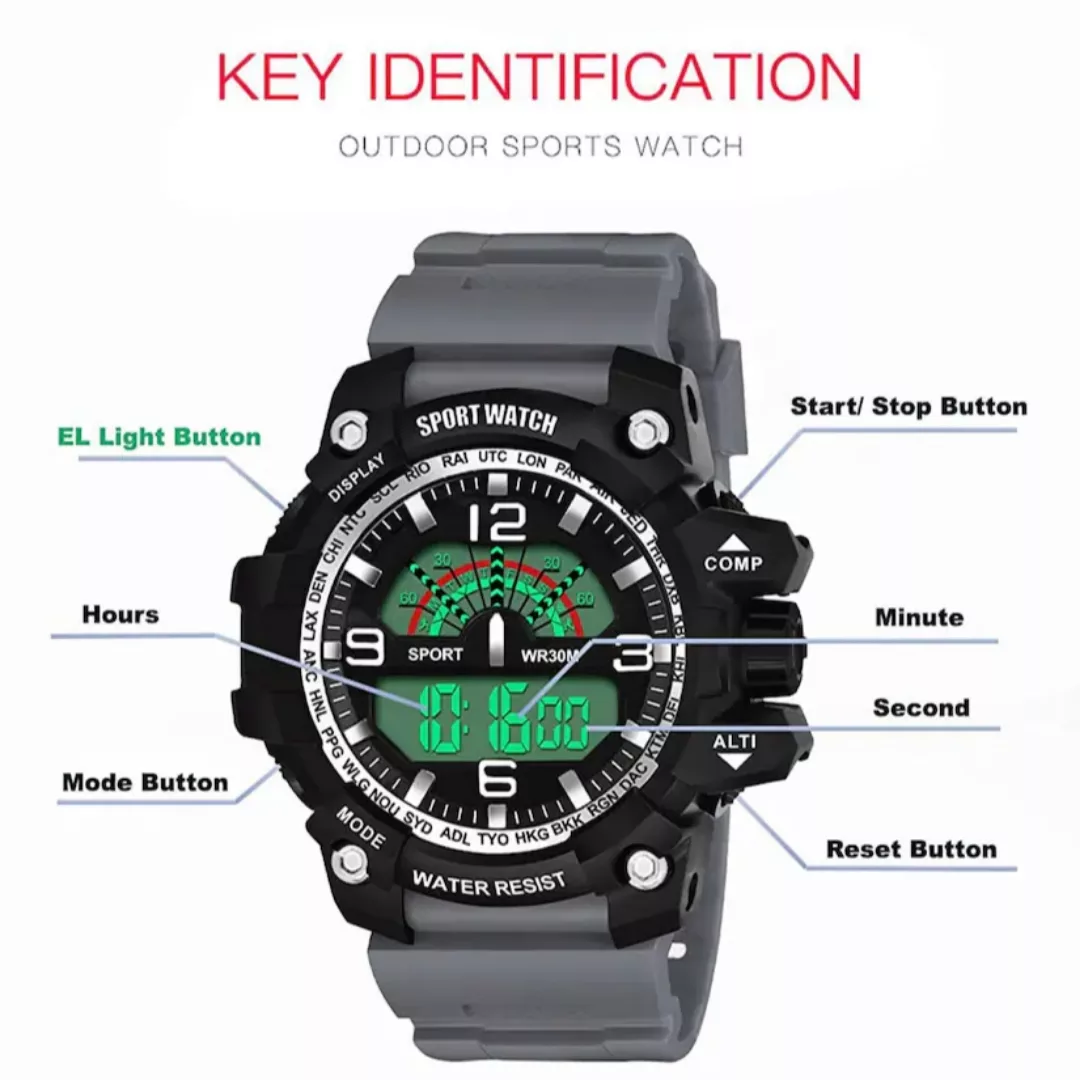 ساعت مچی دیجیتال مردانه مدل اسپرت تک زمانه کرنوگراف بند پیو کد S1