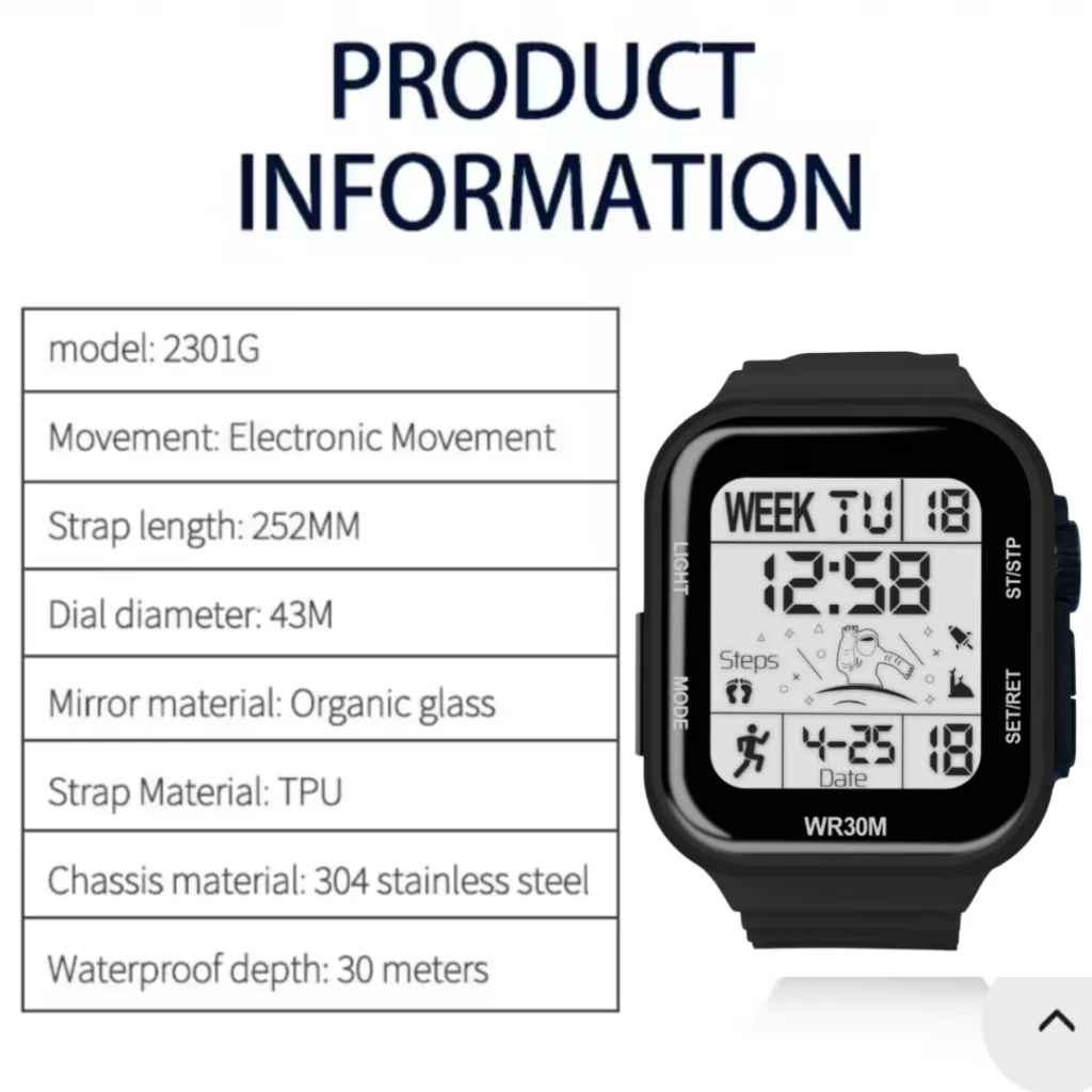 ساعت مچی دیجیتال مدل اسپرت تک زمانه کرنوگراف بند پیو ضد آب استخری کد B1