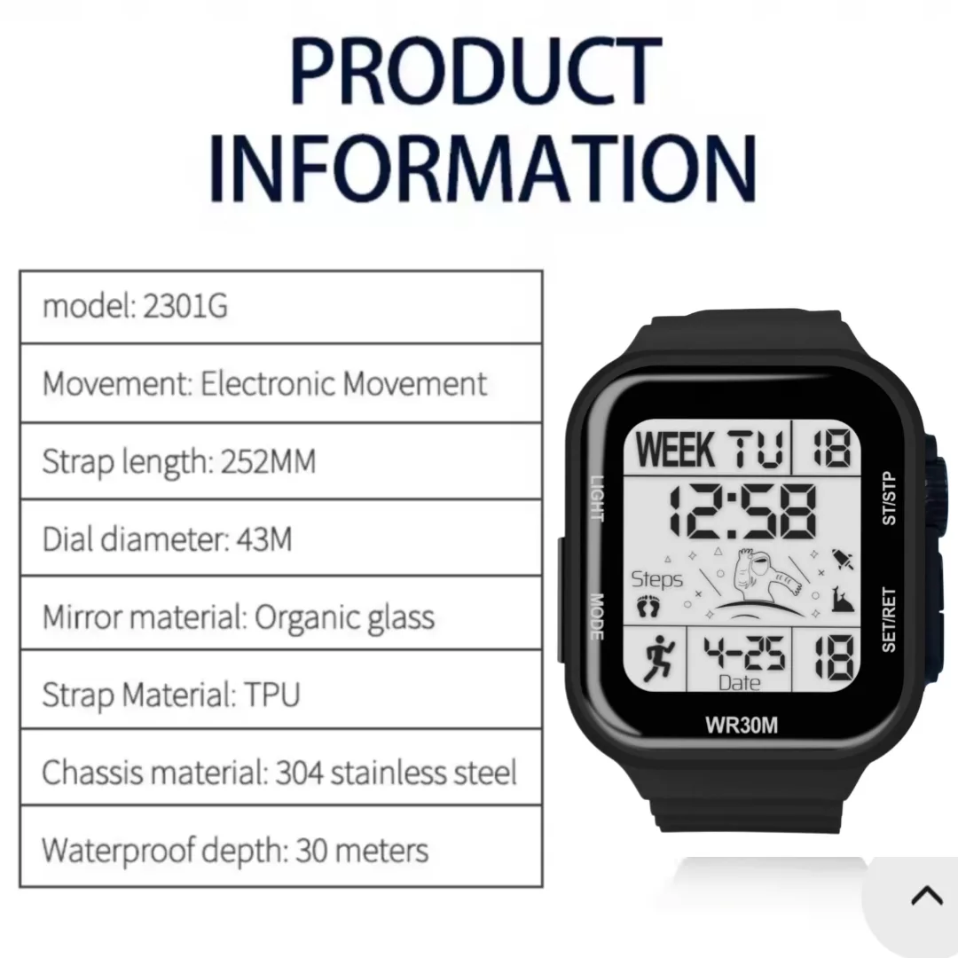 ساعت مچی دیجیتال مدل اسپرت تک زمانه کرنوگراف بند پیو ضد آب استخری کد B1