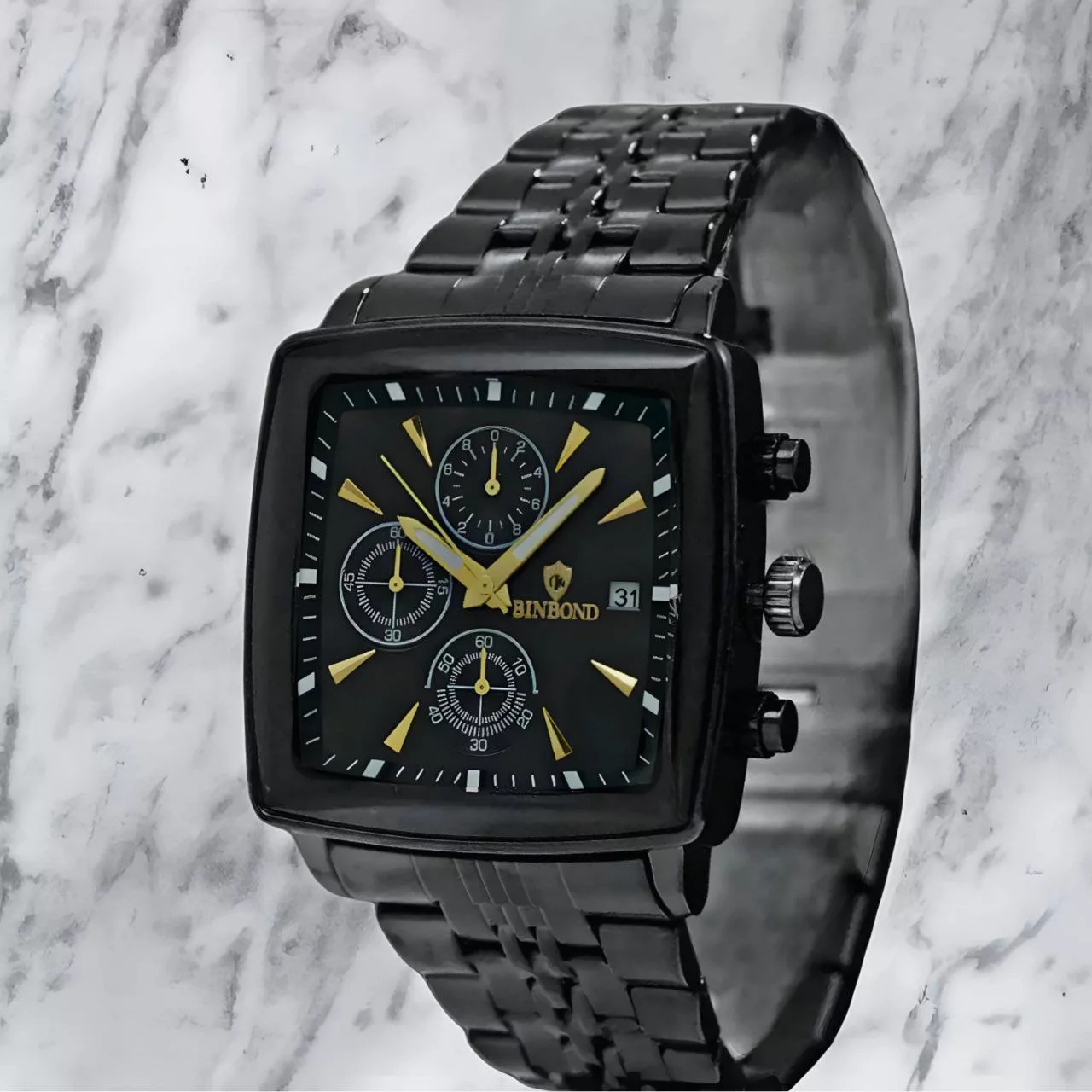 ساعت مچی عقربه‌ای کوارتز مردانه بین باند مدل مربعی سه موتور فعال کورنوگراف کد m2