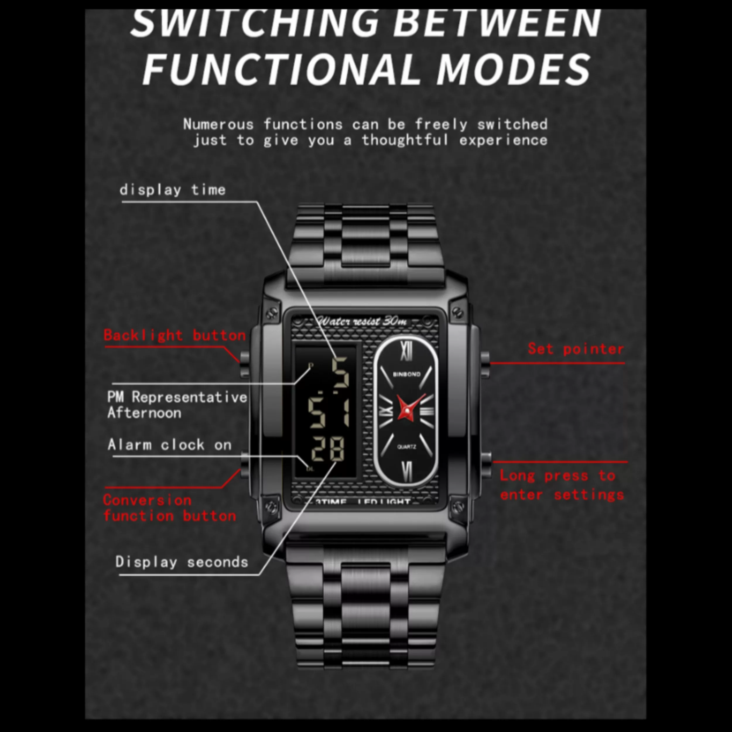ساعت مچی عقربه‌ای کوارتز مردانه بین باند مدل اسپرت سه زمانه کرنوگراف بند استیل کد ۱.۳